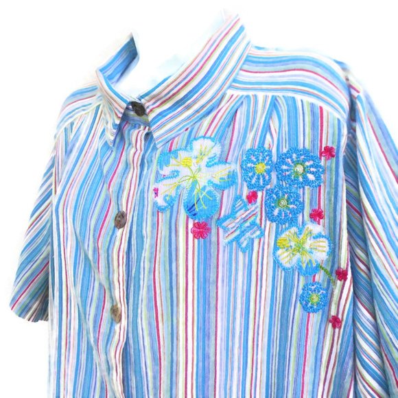 Vintage Tops - Liz & Me Liz Claiborne Shirt Gauze Rainbow Stripes Floral Embroidery 1X Plus